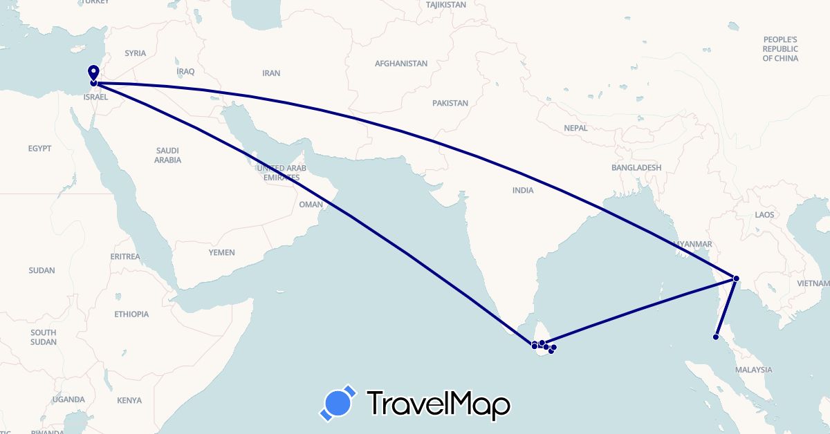 TravelMap itinerary: driving in Israel, Sri Lanka, Thailand (Asia)